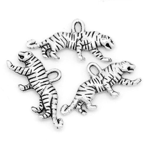 Metal Alloy Tiger Charms Antique Silver 22mm Pack Of 12