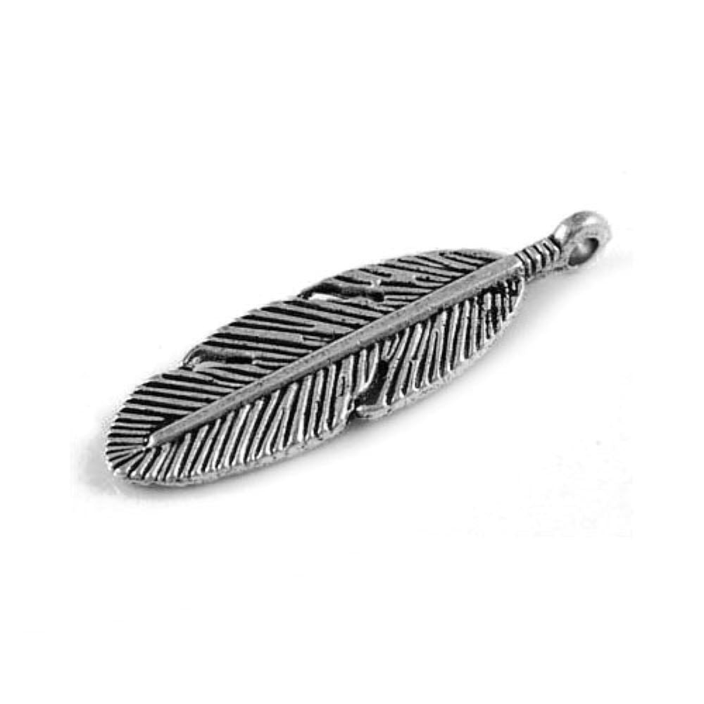 Metal Alloy Feather Pendants Antique Silver 30mm Pack Of 10