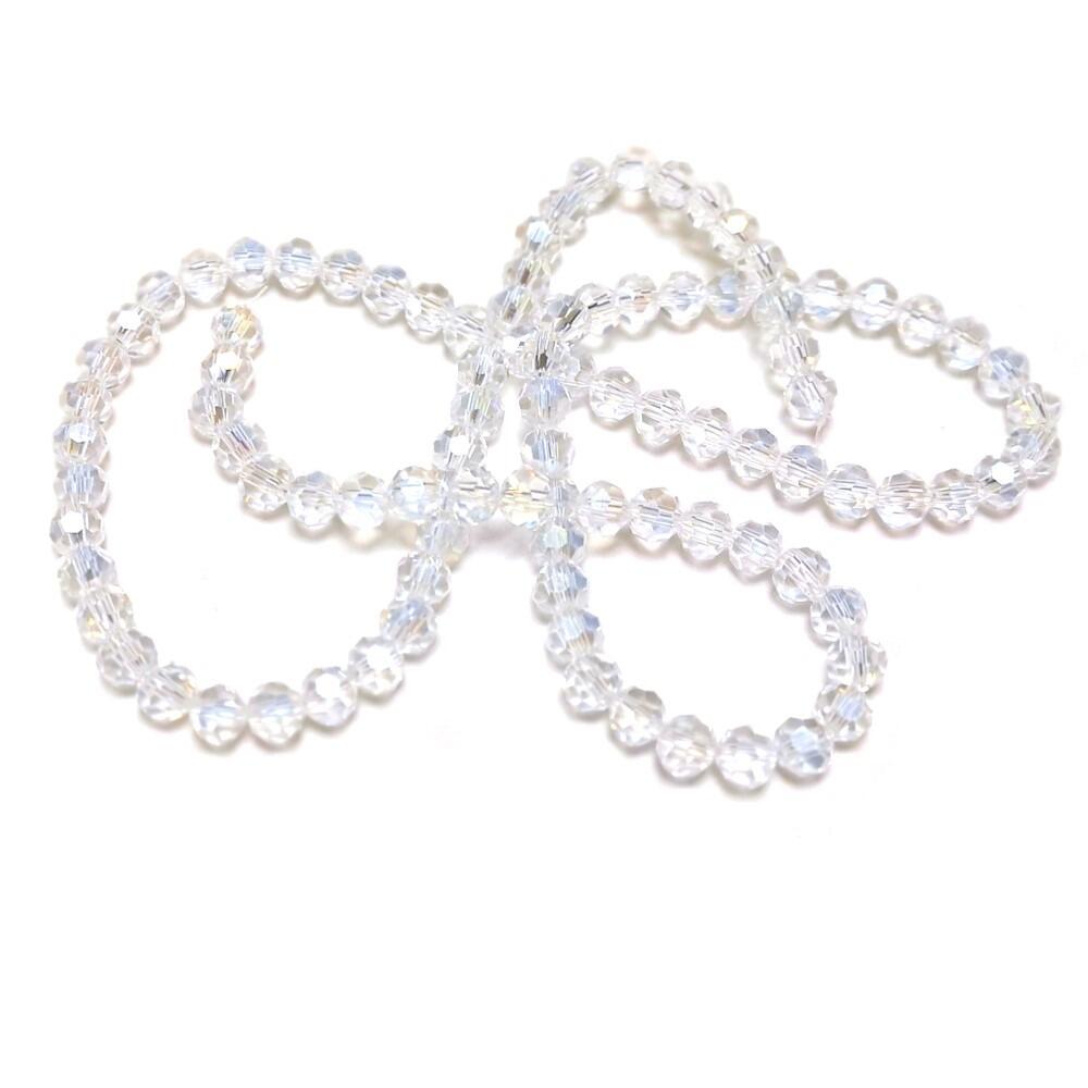 A strand of 80+ czech crystal beads, clear in colour, 6mm in size, round shaped and faceted with an AB finish