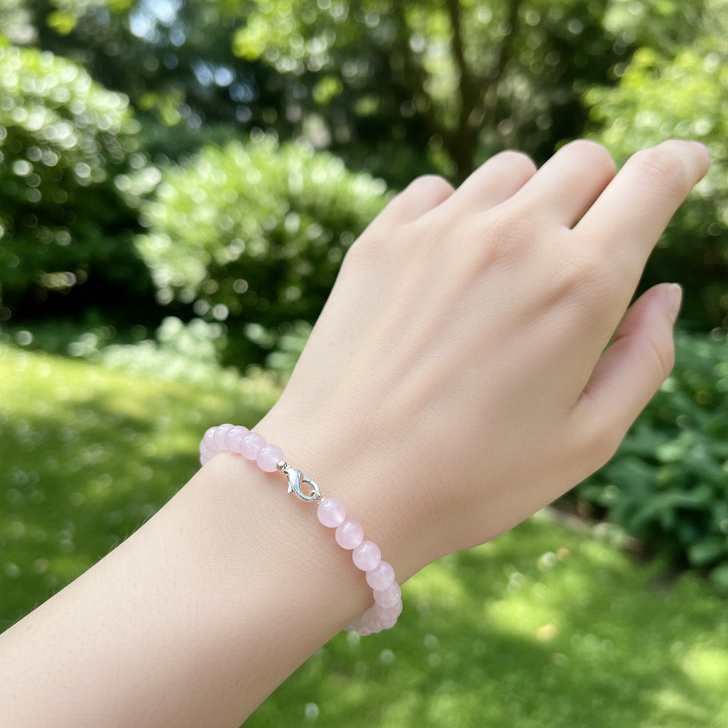 Model with fair skin wearing pink rose quartz 6mm bead bracelet, outdoor green foliage background
