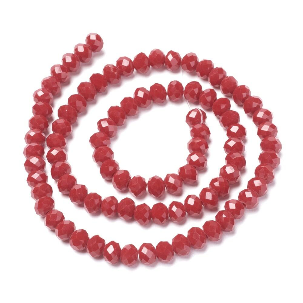 A strand of 110+ Czech Crystal beads, opaque dark red in colour, 4x3mm in size, rondelle shaped, faceted