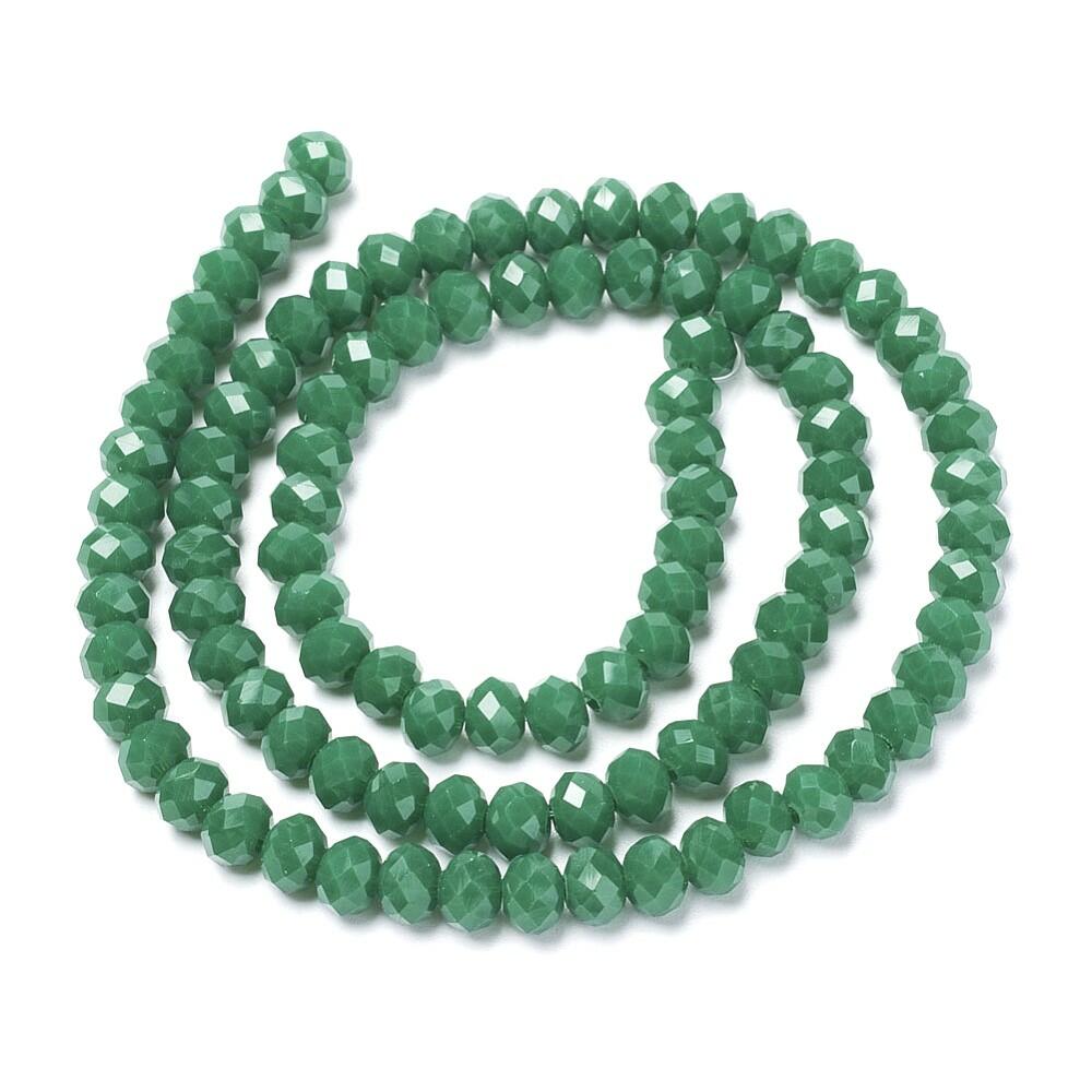 A strand of 110+ Czech Crystal beads, opaque dark green in colour, 4x3mm in size, rondelle shaped, faceted