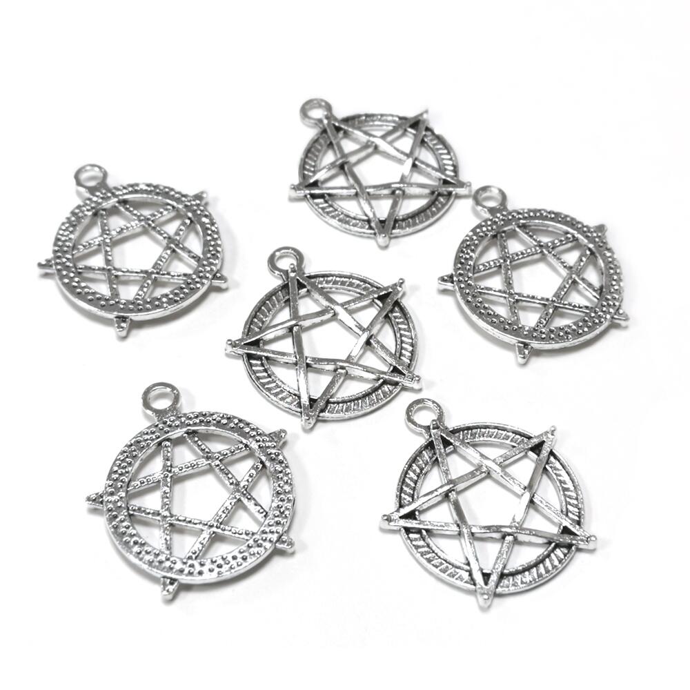 A pack of 6 metal alloy pendants, antique silver coloured, 31mm in size, pentagram shaped