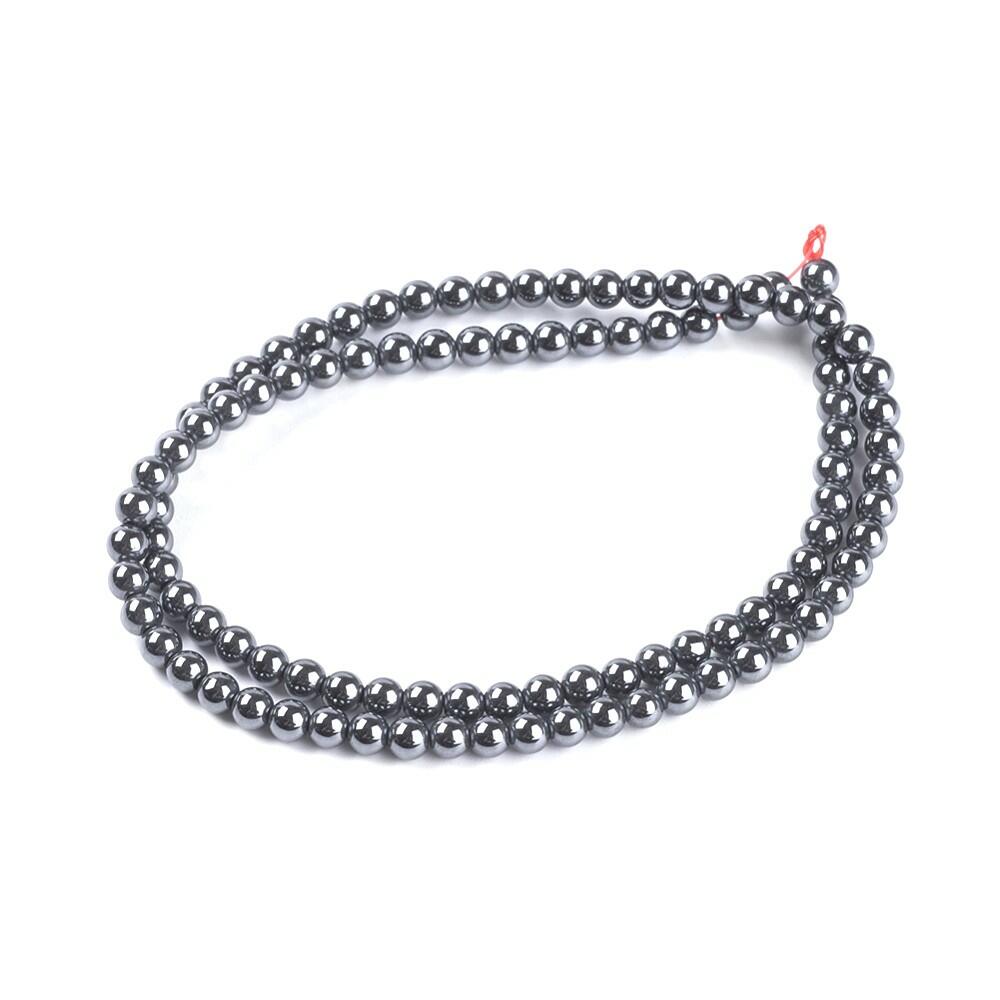 A strand of 101+ hematite beads, grey in colour, 4mm in size, round shaped, non magnetic