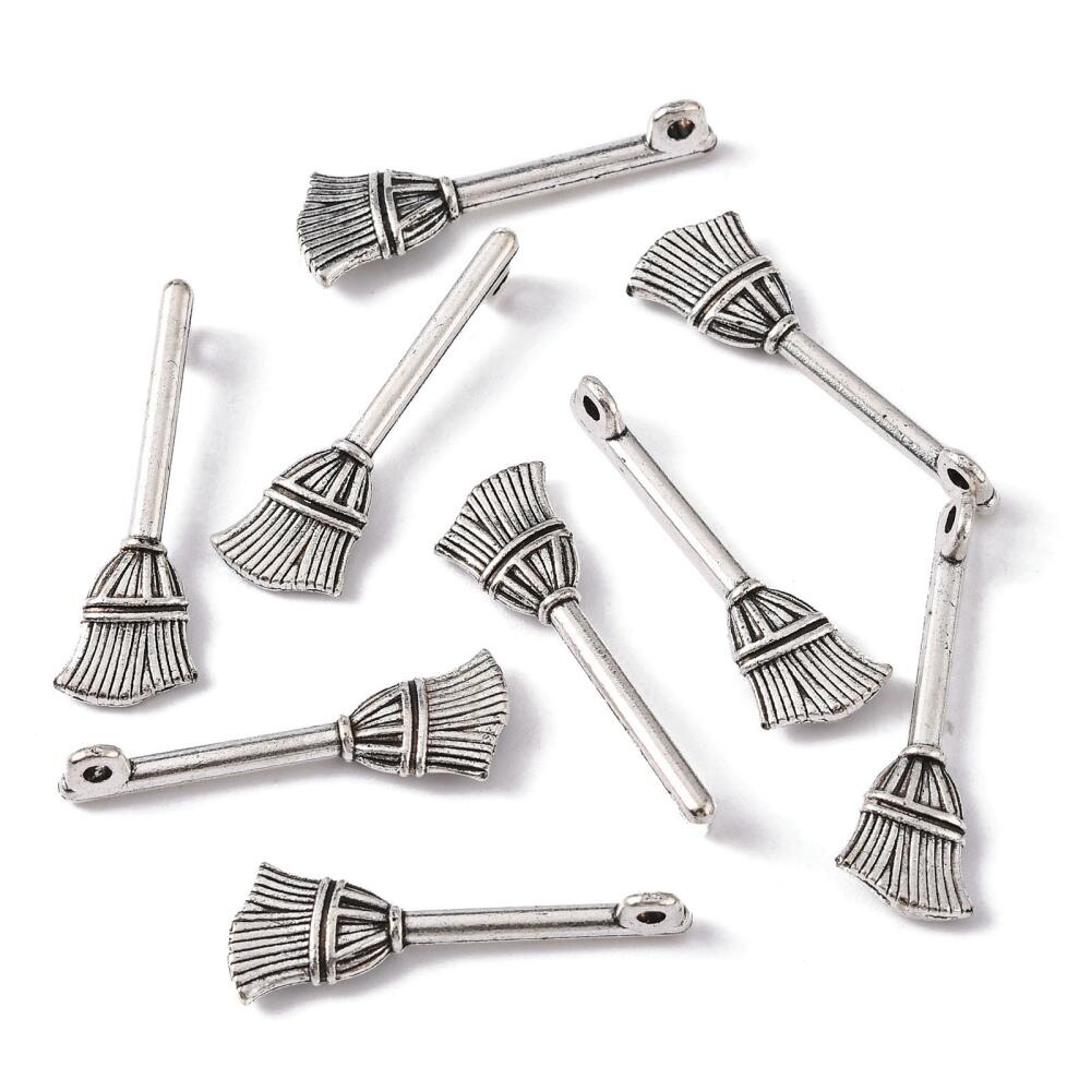 A pack of 25 metal alloy pendants, antique silver coloured, 27mm in size, broom shaped