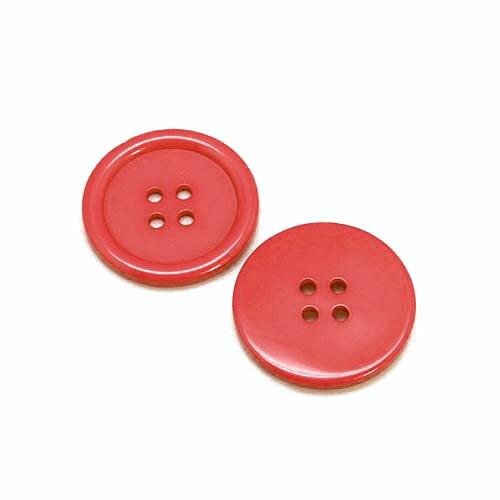 A pack of 10 resin buttons, red in colour, 30mm in size, round shaped, 4-hole
