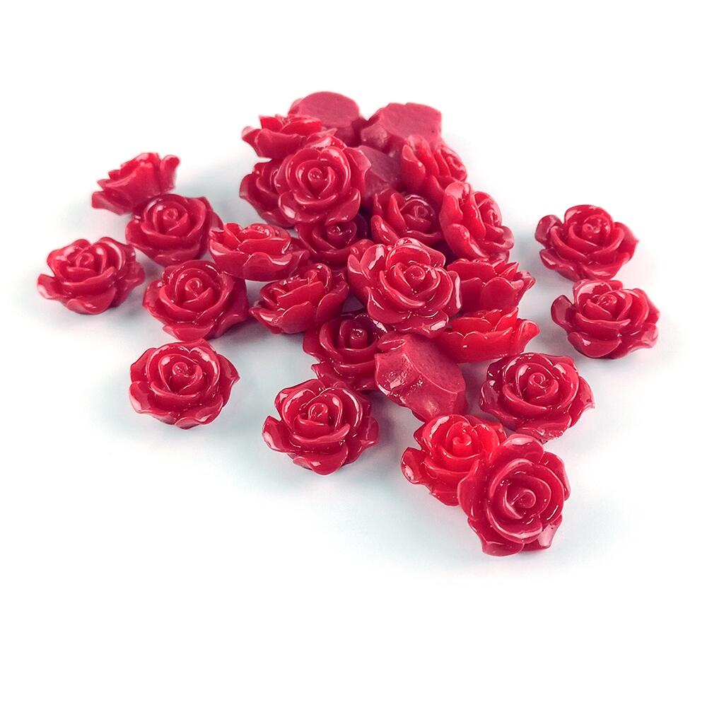 A pack of 30 resin cabochons, red in colour, 15mm in size, flower shaped, flat backed