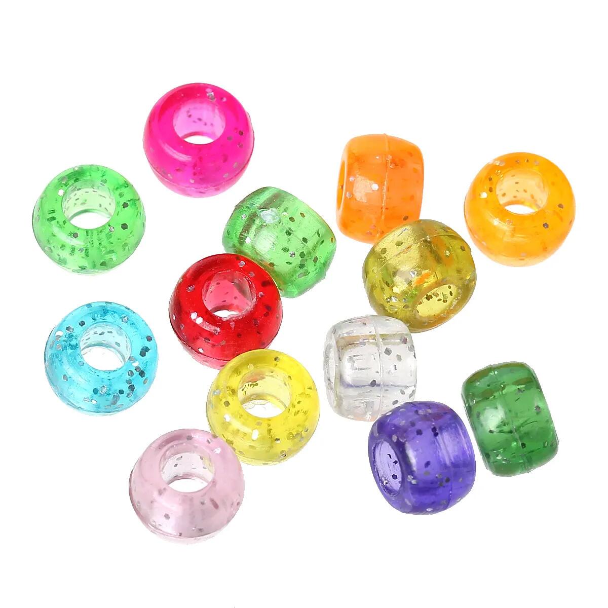 Mixed-Colour Glitter Acrylic Pony Beads Large Hole 9x6mm Pack Of 100+-0
