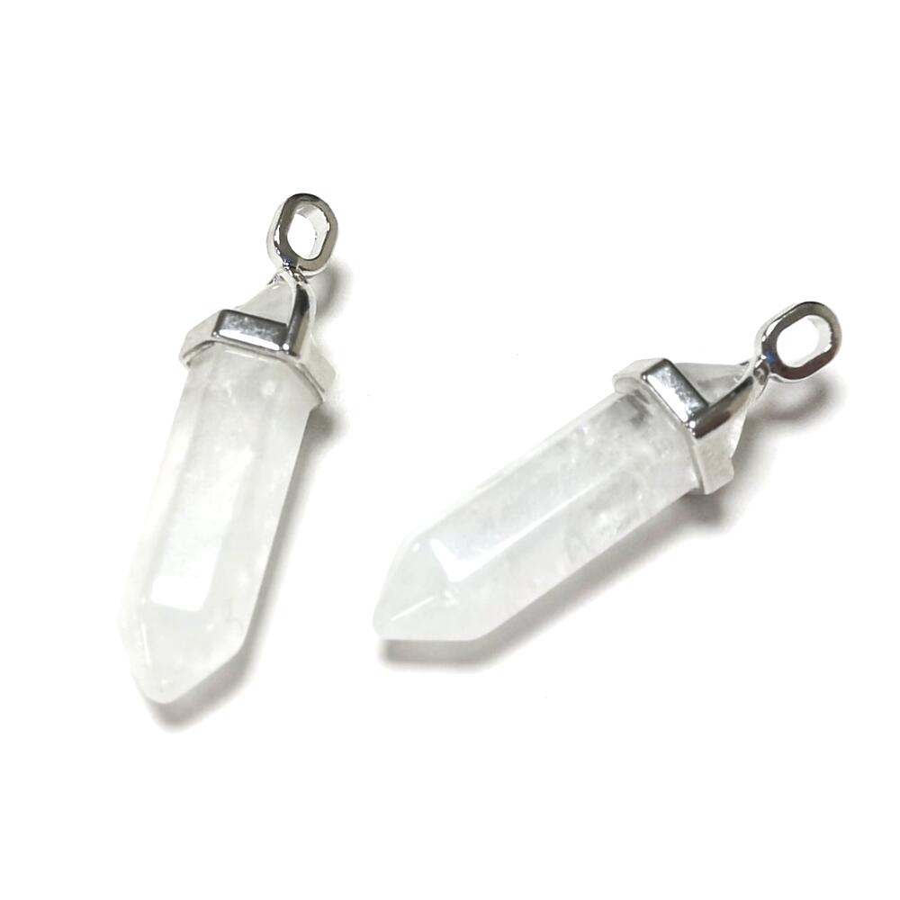 A pack of 2 snow quartz pendants, white and clear in colour, 8x38mm in size, hexagon wand shaped