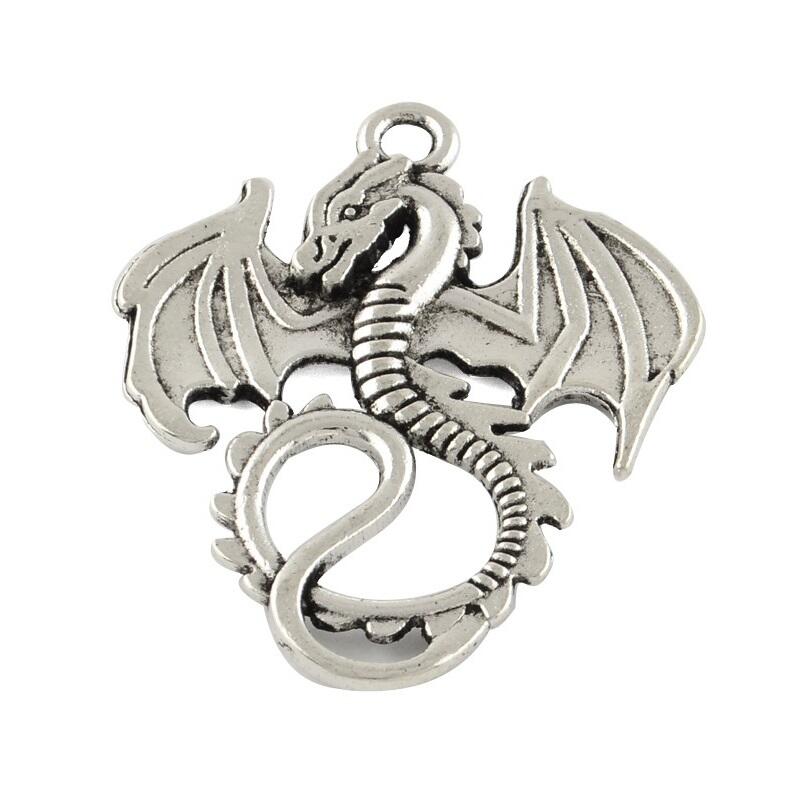 A pack of 8 metal alloy pendants, antique silver in colour, 35mm in size, dragon design