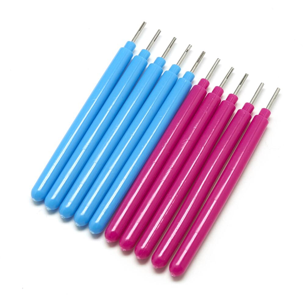 A pack of 10 quilling tools, pink and blue in colour, 10cm in size, made of stainless steel and plastic
