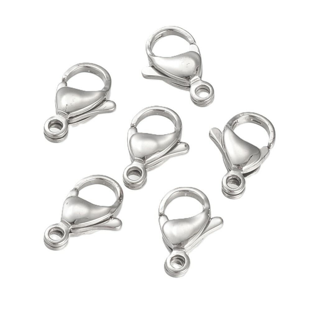 A pack of 20 stainless steel lobster clasps, silver in colour, 9x15mm in size