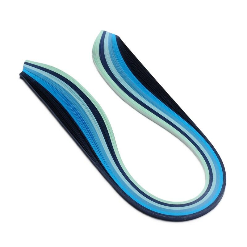 A pack of 110+ paper quilling strips, blue and black colours, 53cm long x 5mm wide