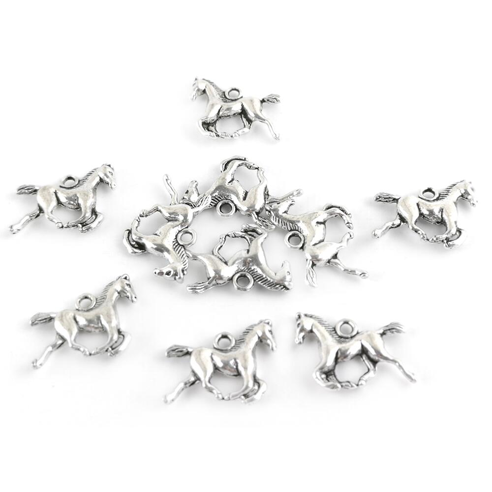A pack of 10 metal alloy charms, antique silver coloured, 19mm in size, horse shaped