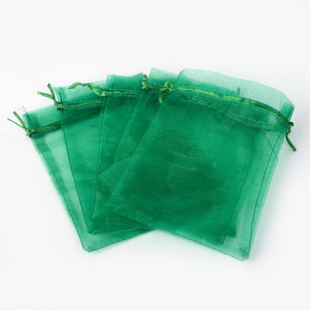 A pack of 25 organza gift bags, dark green in colour, 13x18cm in size, rectangular pouch shape