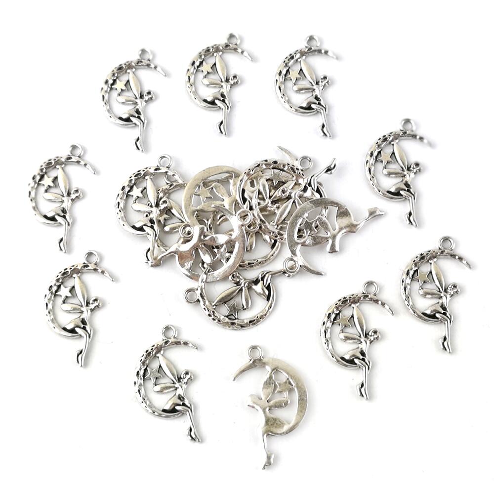 Metal Alloy Moon & Fairy Pagan Pendants Antique Silver 25mm Pack Of 20-0