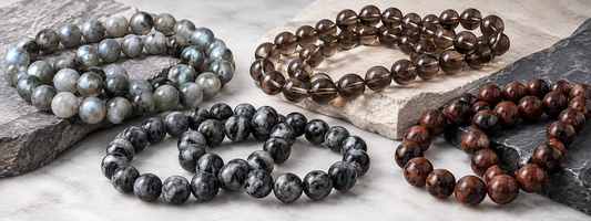 Dark gemstone beads including Labradorite, Smoky Quartz, Larvikite and Mahogany Obsidian