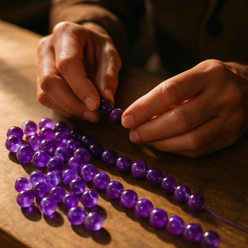 A close‑up of an artisan arranging purple amethyst beads on a wooden workbench, soft sunlight highlighting the violet facets. Alt: amethyst beads crafting process, showcasing metaphysical jewellery creation