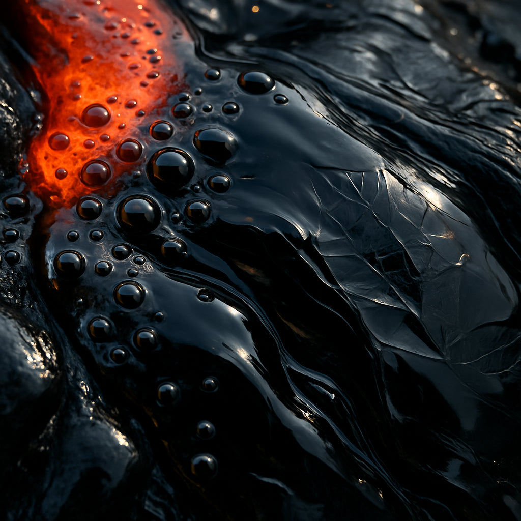 A close‑up of molten lava solidifying into glossy black obsidian, with bubbles and crystal patterns visible. Alt: volcanic glass formation of obsidian showing cooling process and texture.