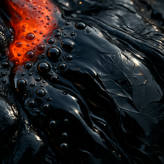 A close‑up of molten lava solidifying into glossy black obsidian, with bubbles and crystal patterns visible. Alt: volcanic glass formation of obsidian showing cooling process and texture.