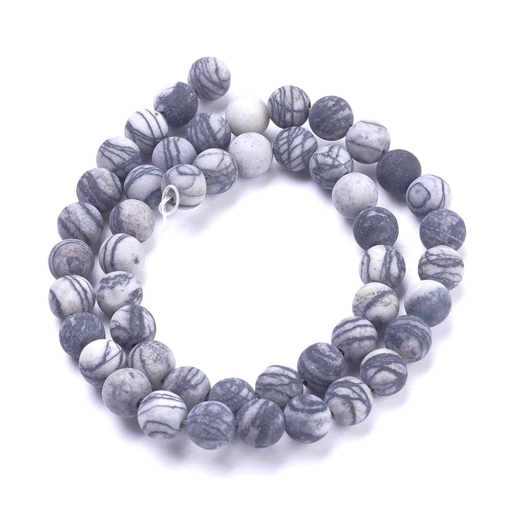 Grey/Black Veined Jasper Beads Plain Round 6mm Frosted Strand Of 60+