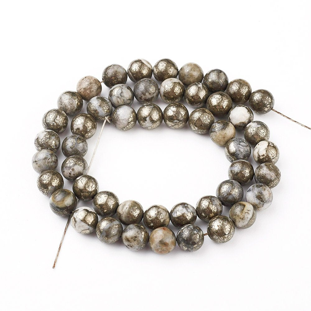 Gold/White Marcasite Pyrite Beads Plain Round 8mm Strand Of 45+