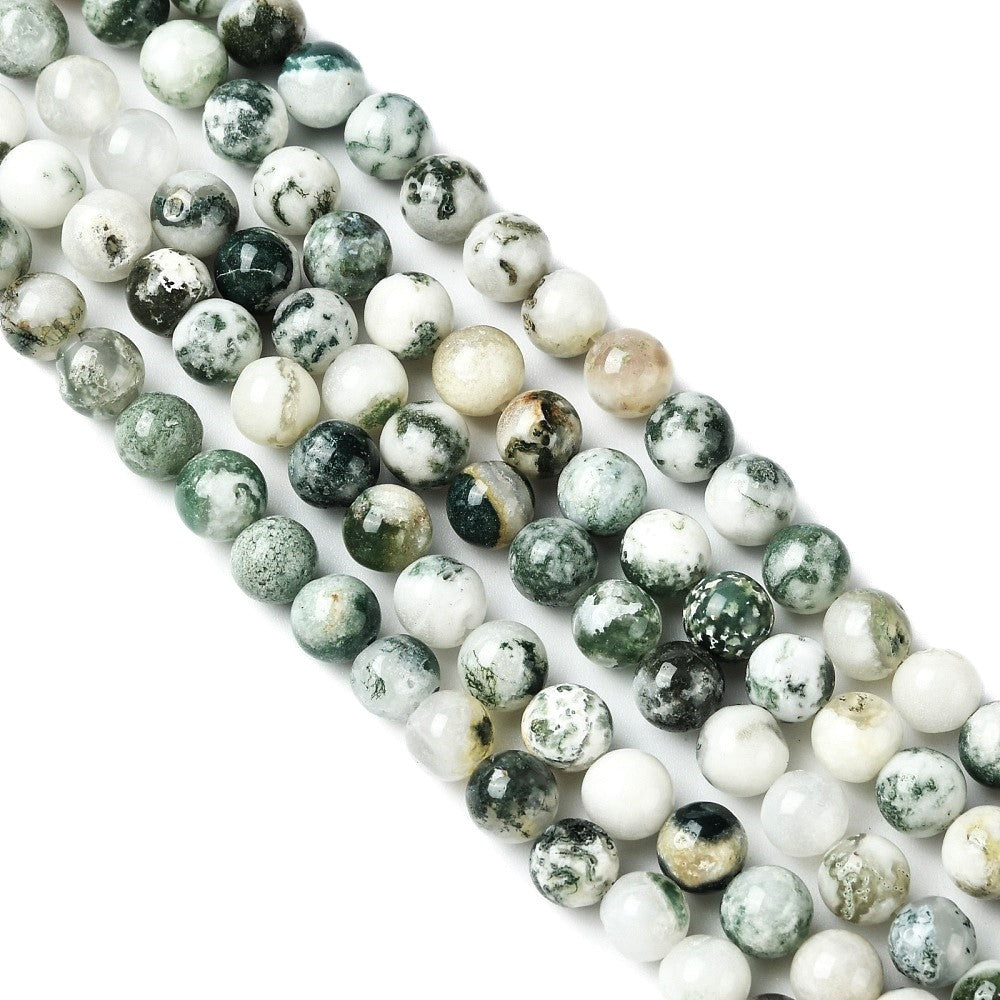 Green/White Tree Agate Beads Plain Round 6mm Strand Of 57+