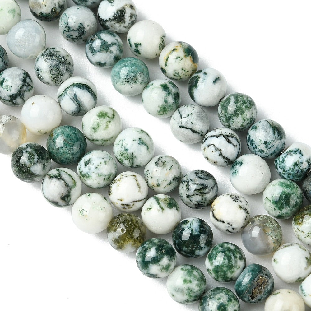 Green/White Tree Agate Beads Plain Round 8mm Strand Of 40+