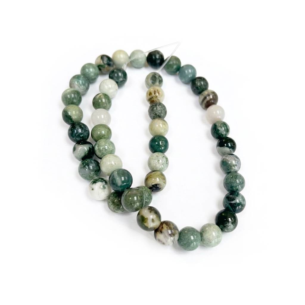 Green/White Tree Agate Beads Plain Round 8mm Strand Of 40+