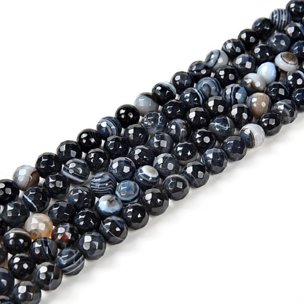 Black Banded Agate Beads Faceted Round 6mm Strand Of 58+