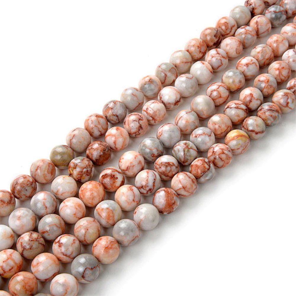 White/Red Marble Beads Plain Round 8mm Strand Of 40+