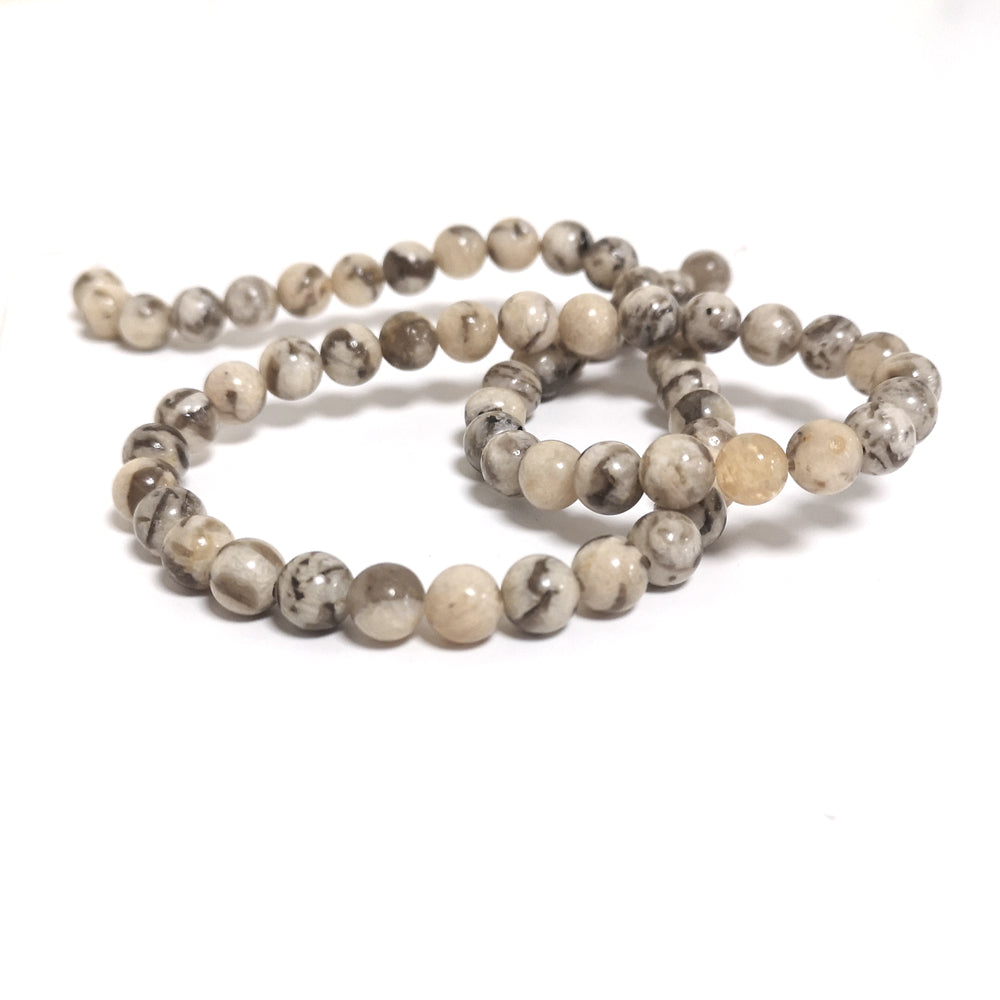 Beige/Brown Graphic Feldspar Beads Plain Round 6mm Strand Of 57+