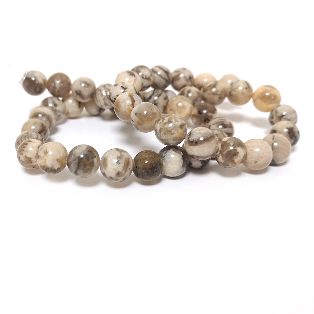 Beige/Brown Graphic Feldspar Beads Plain Round 8mm Strand Of 45+