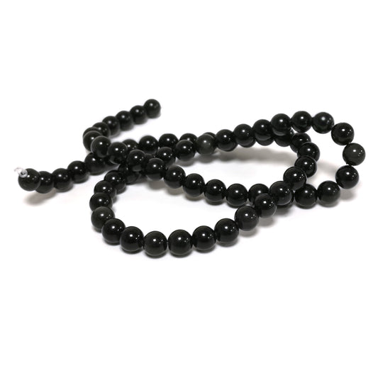 A strand of 60+ obsidian beads, black in colour, 6mm in size, round shaped