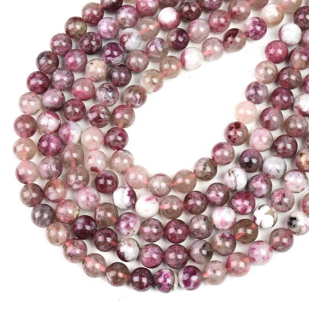 Pink/White Rubellite Tourmaline In Matrix Beads Plain Round 8mm Strand Of 45+