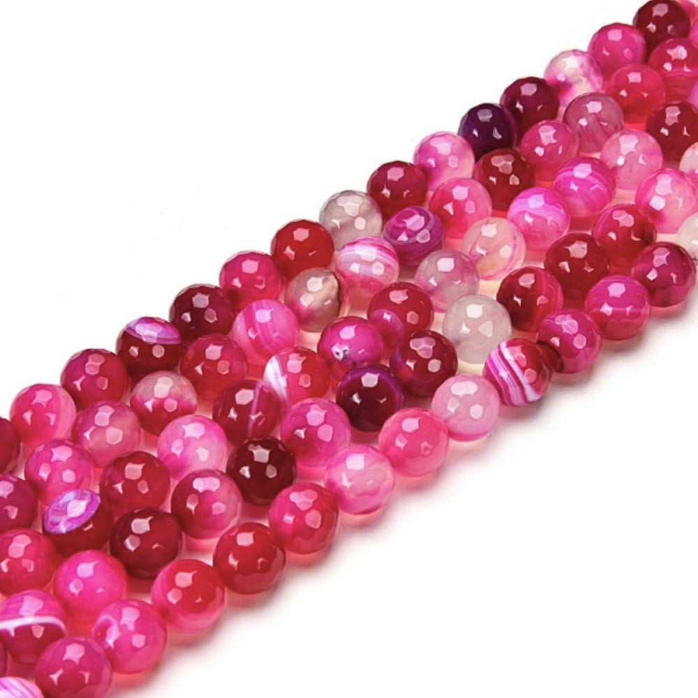 Fuchsia Banded Agate Beads Faceted Round 6mm Strand Of 60+