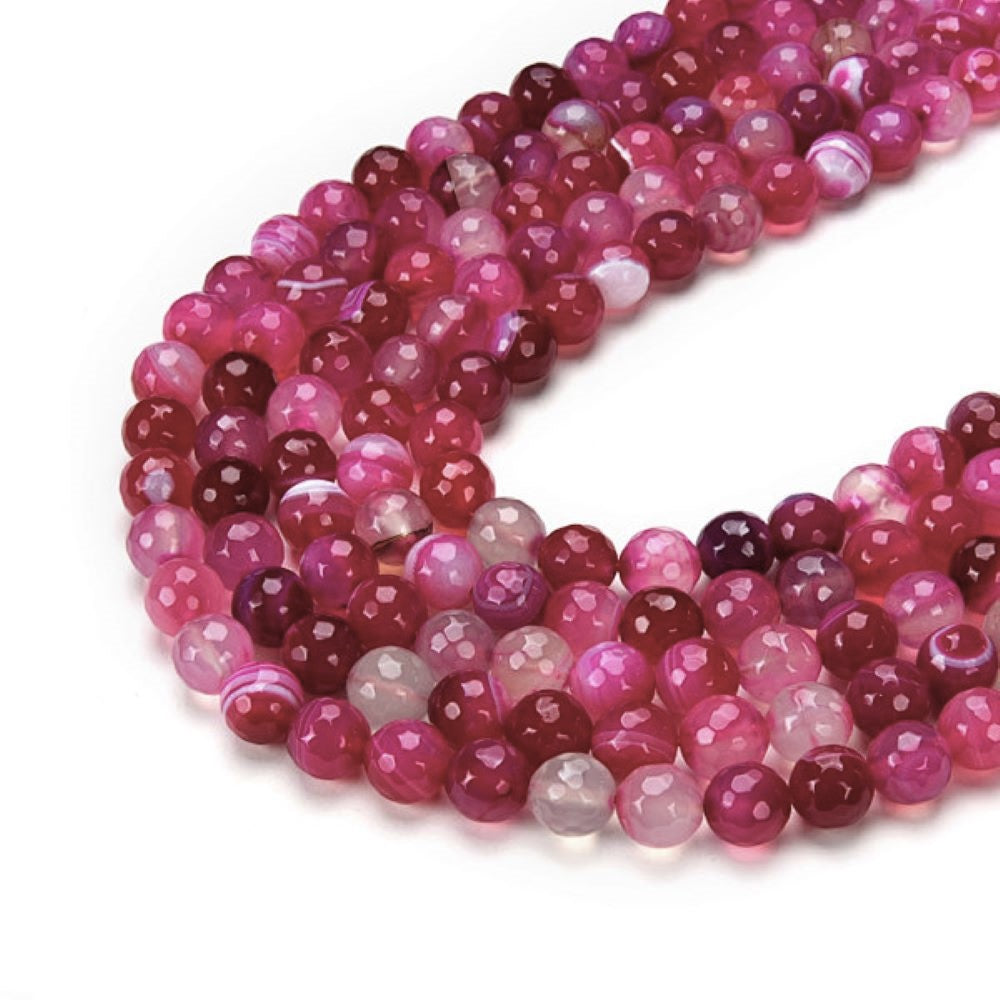 Fuchsia Banded Agate Beads Faceted Round 8mm Strand Of 45+