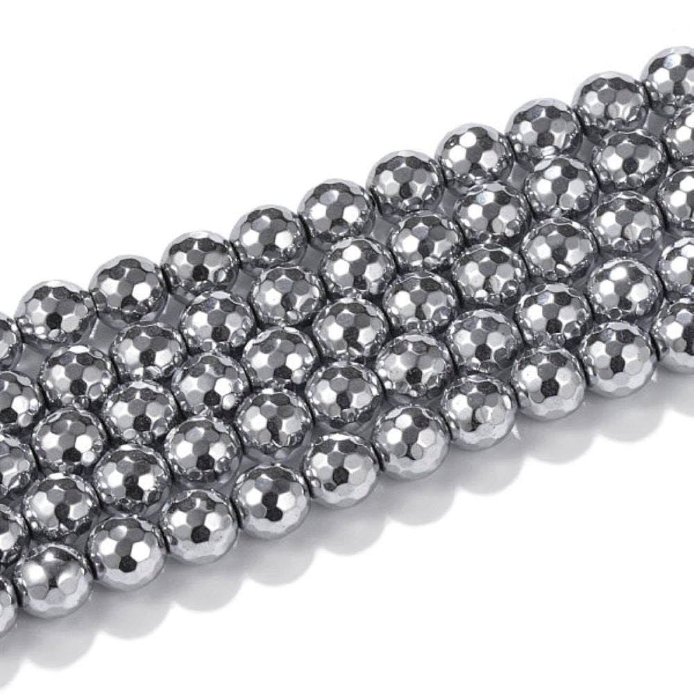 Bright Silver Hematite (Non Magnetic) Beads Faceted Round 6mm Strand Of 62+