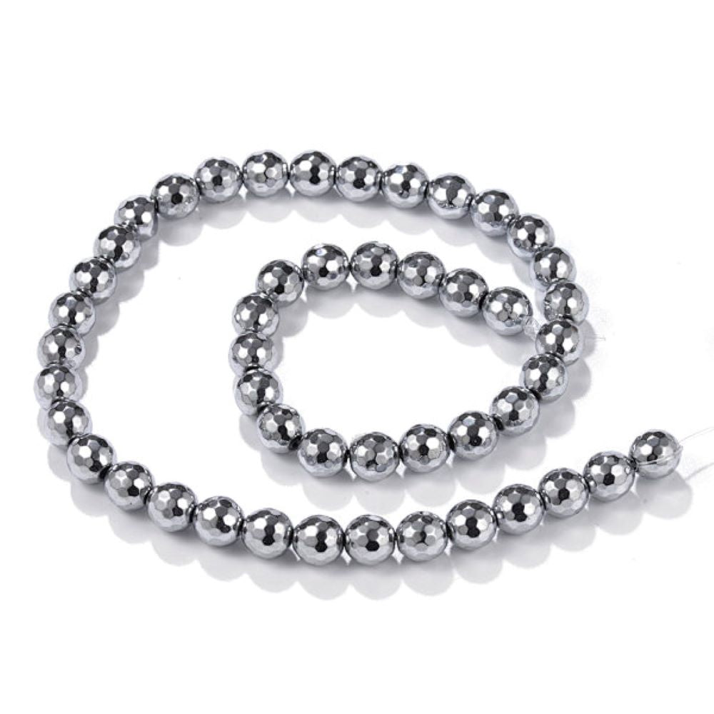 Bright Silver Hematite (Non Magnetic) Beads Faceted Round 8mm Strand Of 45+