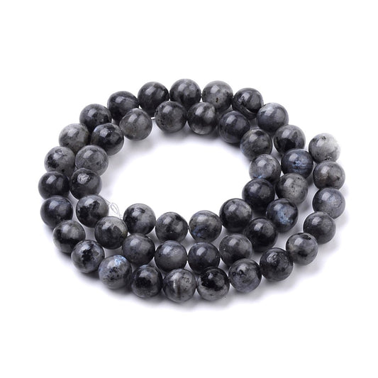 A strand of 58+ larvikite beads, black and grey in colour, 6mm in size, round shaped
