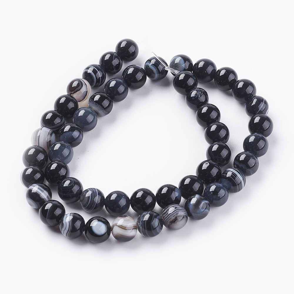 Black Banded Agate Beads Plain Round 8mm Strand Of 45+