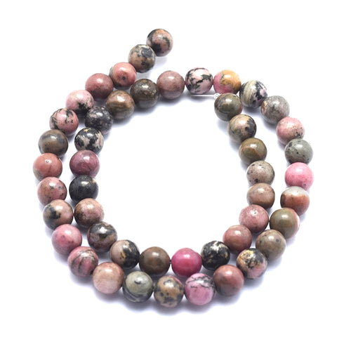 Pink/Black Rhodonite Beads Plain Round 8mm Strand Of 45+