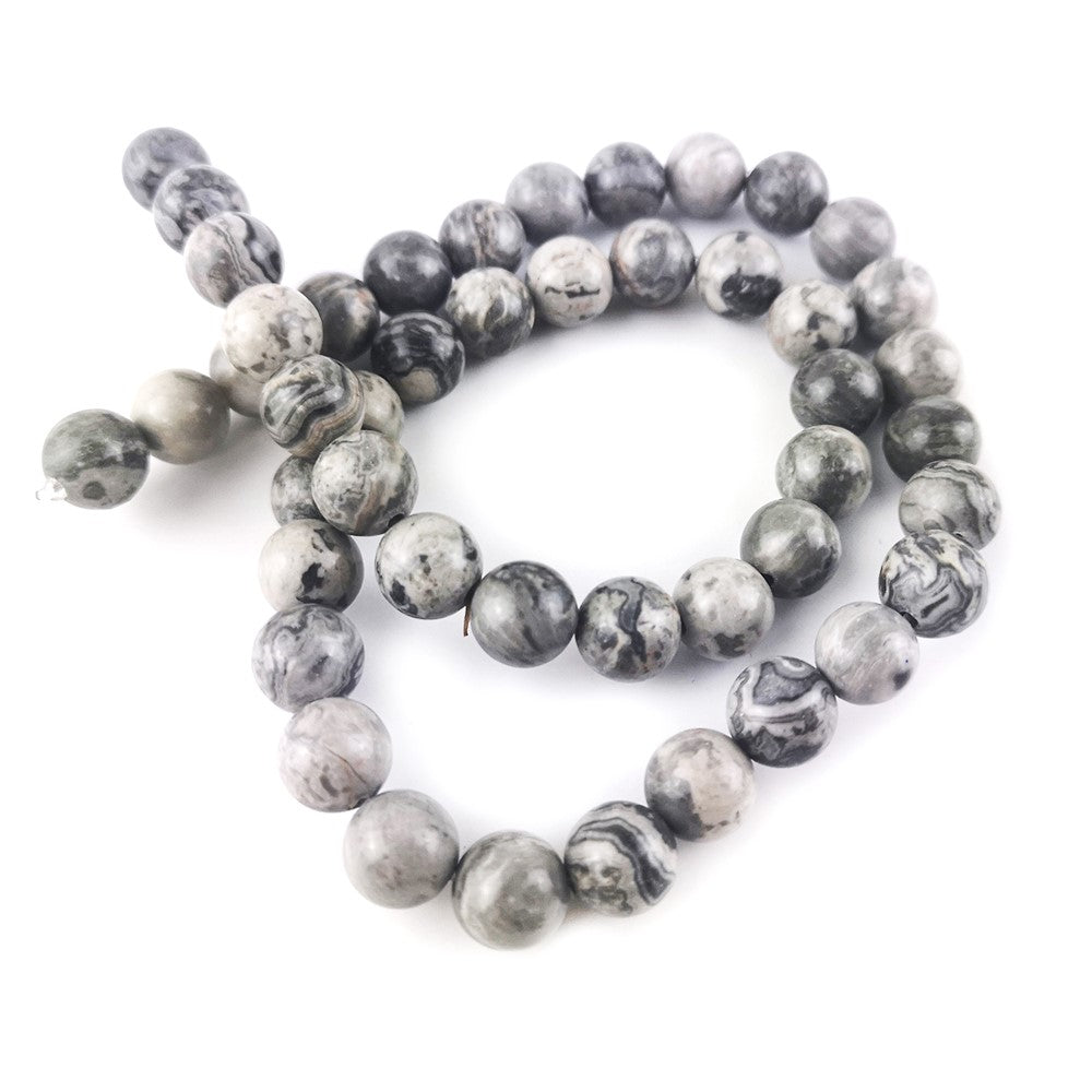Grey/Black Scenery Jasper Beads Plain Round 8mm Strand Of 42+