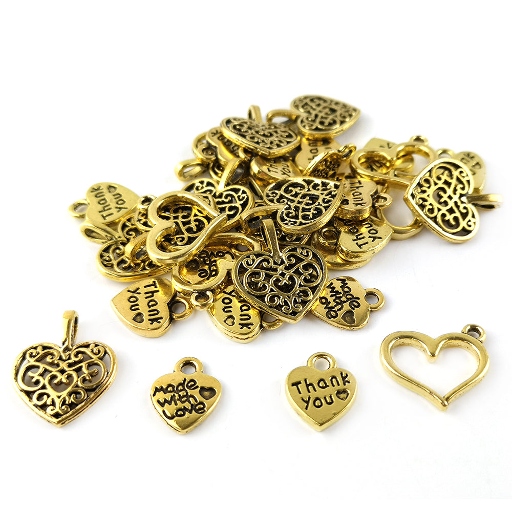 Metal Alloy Heart Charms Antique Gold 5-40mm Pack Of 30g