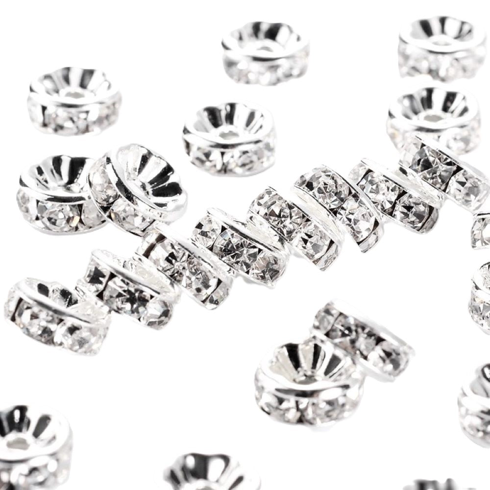 Bright Silver Brass Beads Rondelle Spacer 4x8mm Rhinestone Pack Of 10