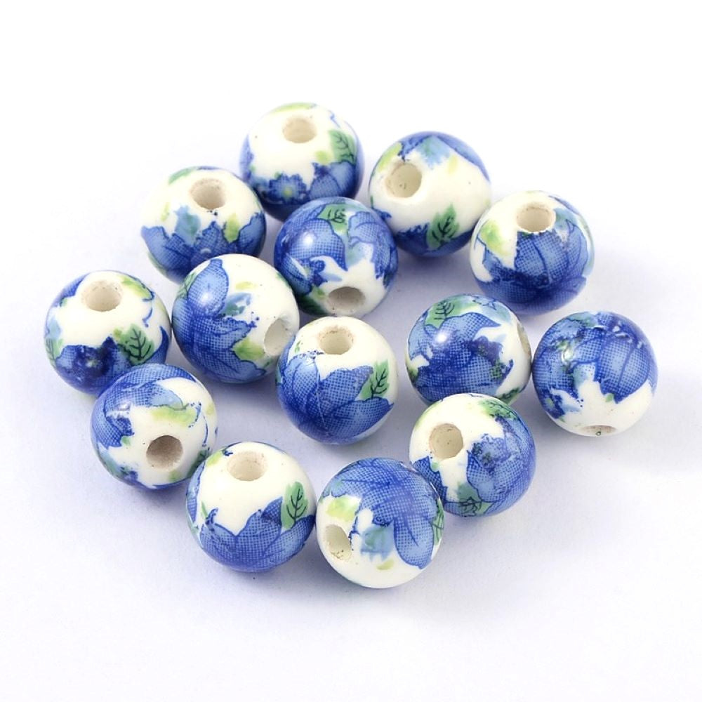 White/Blue Porcelain Beads Plain Round 10mm Pack Of 10