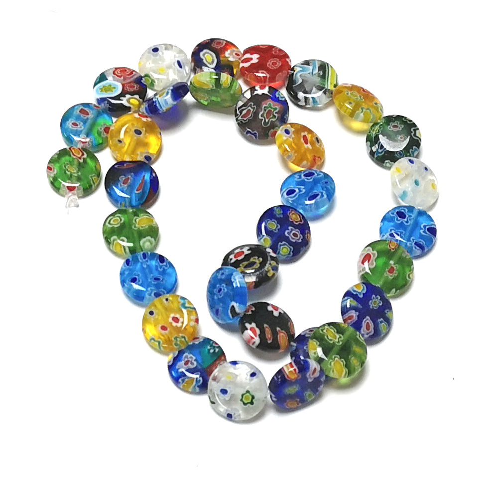 Mixed-Colour Millefiori Glass Beads Puffy Coin 3.5x12mm Strand Of 30+