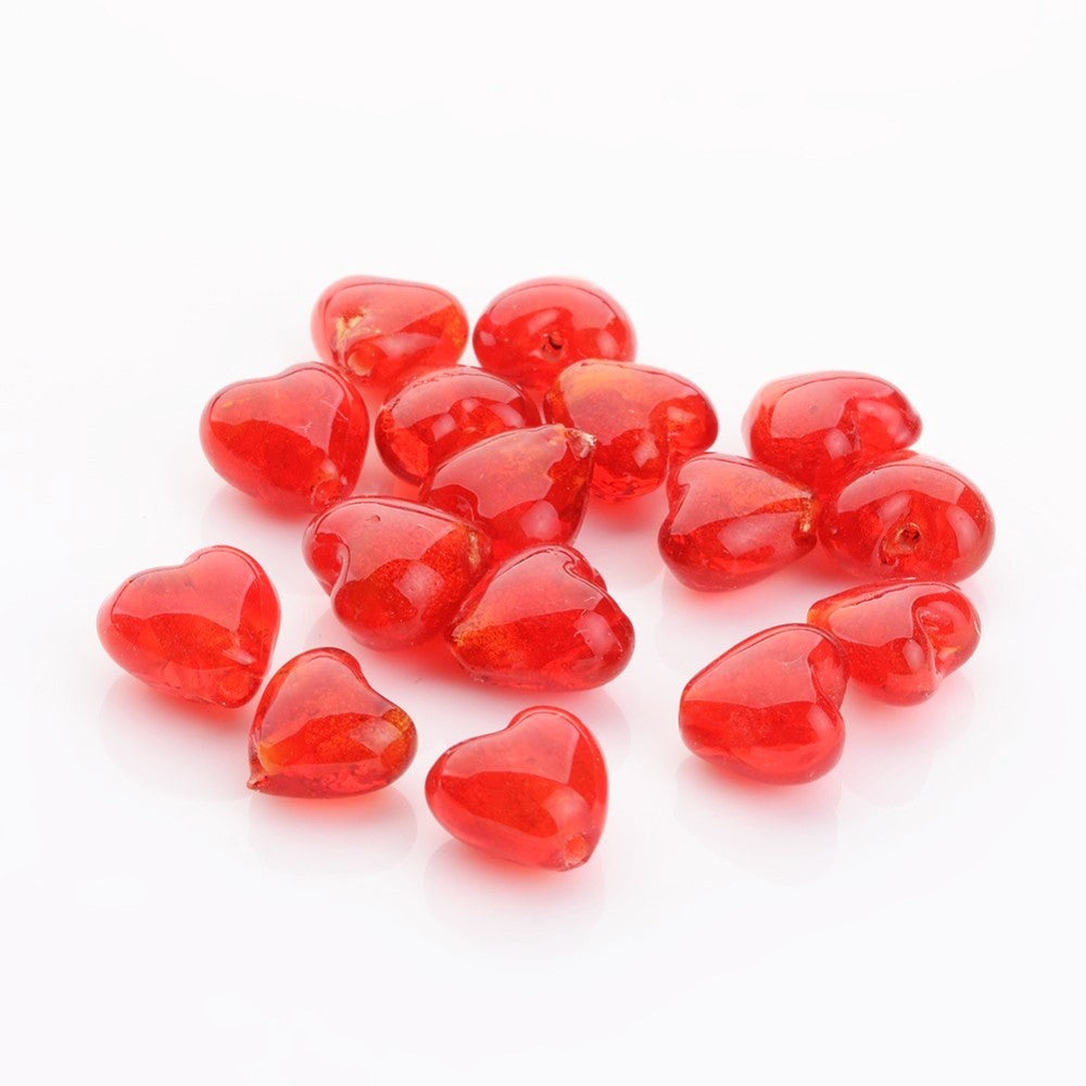 Red Foil Glass Beads Puffy Heart 12mm Pack Of 10