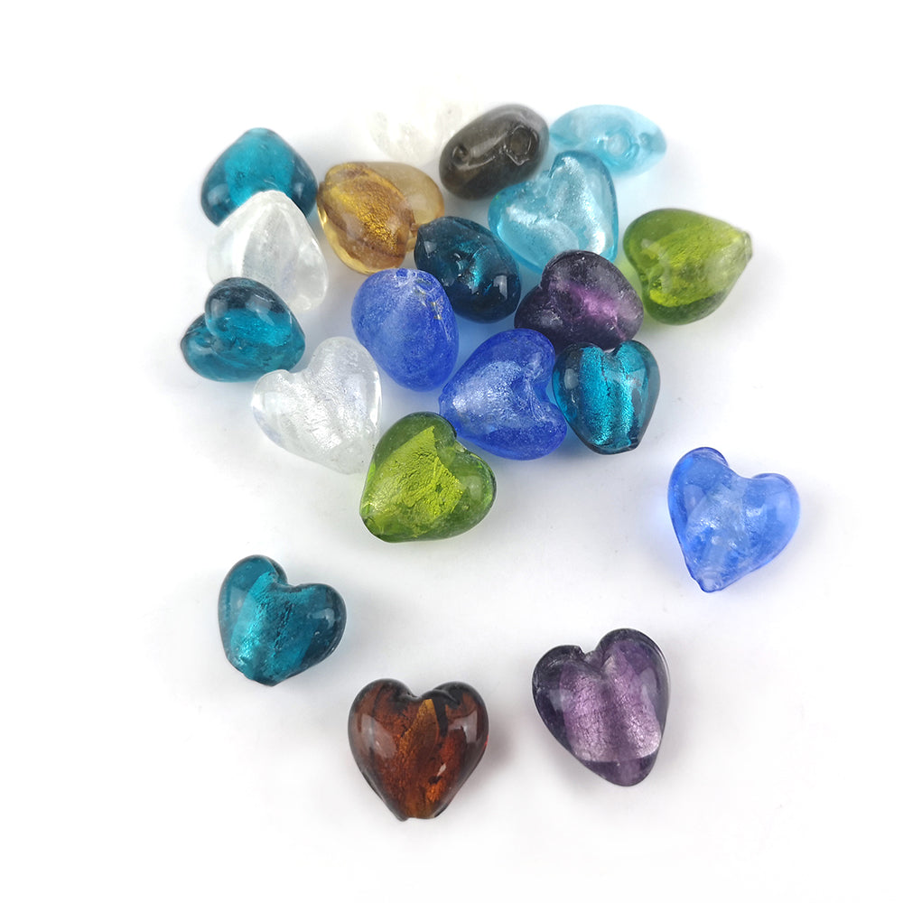 Random Mixed Foil Glass Beads Puffy Heart 12mm Pack Of 20