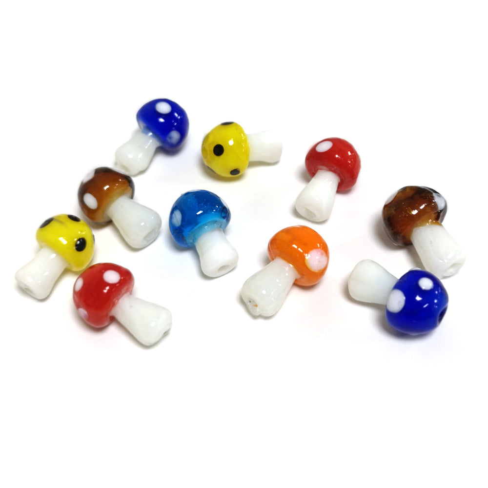 White/Mixed Lampwork Glass Beads Mushroom 12x18mm Pack Of 10